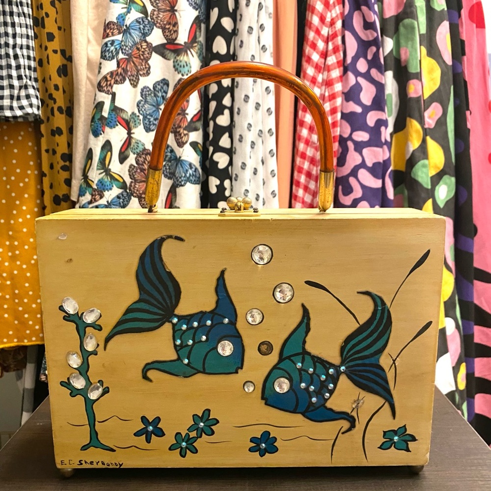 Hand-Painted Fish Design Wooden Handbag